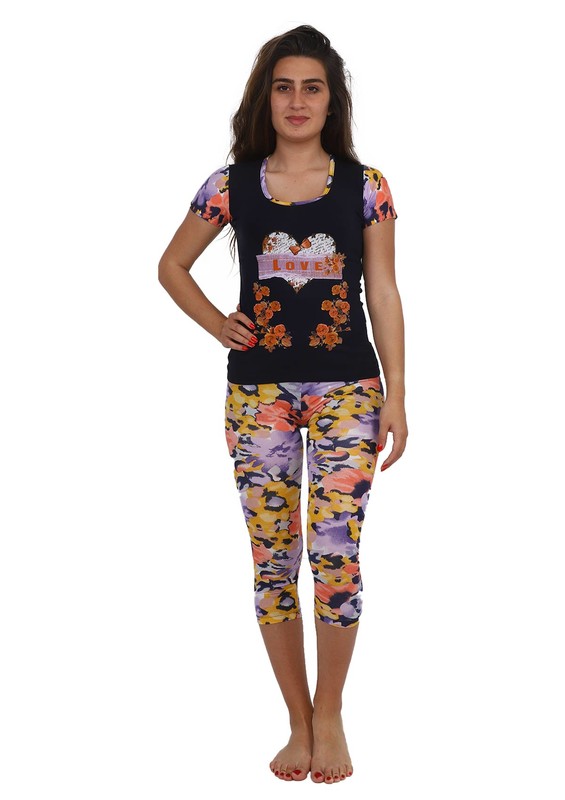 AKRON - Akron Kolları Kısa Desenli Dar Paça Kaprili Renkli Pijama Takımı 5094 | Lacivert