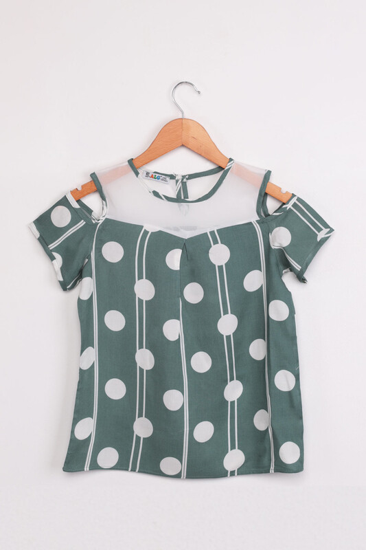 ALG - ALG Omzu Açık Puantiye Baskılı Kız Çocuk Elbise | Yeşil