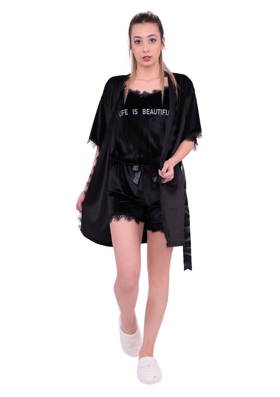  Бархатный пижамный комплект с гипюровыми деталями 10103 | чёрный - Thumbnail