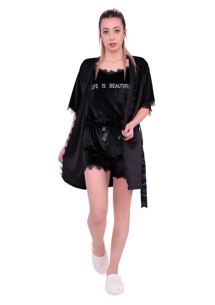  Бархатный пижамный комплект с гипюровыми деталями 10103 | чёрный 