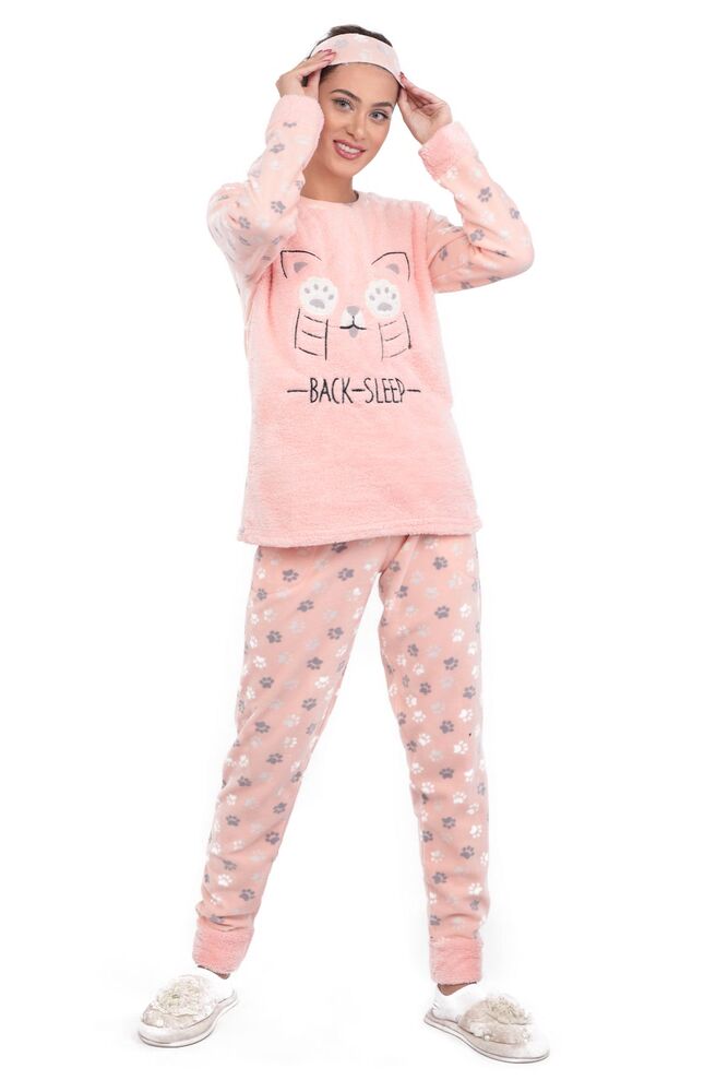 Kedi Baskılı Kadın Polar Pijama Takımı | Somon