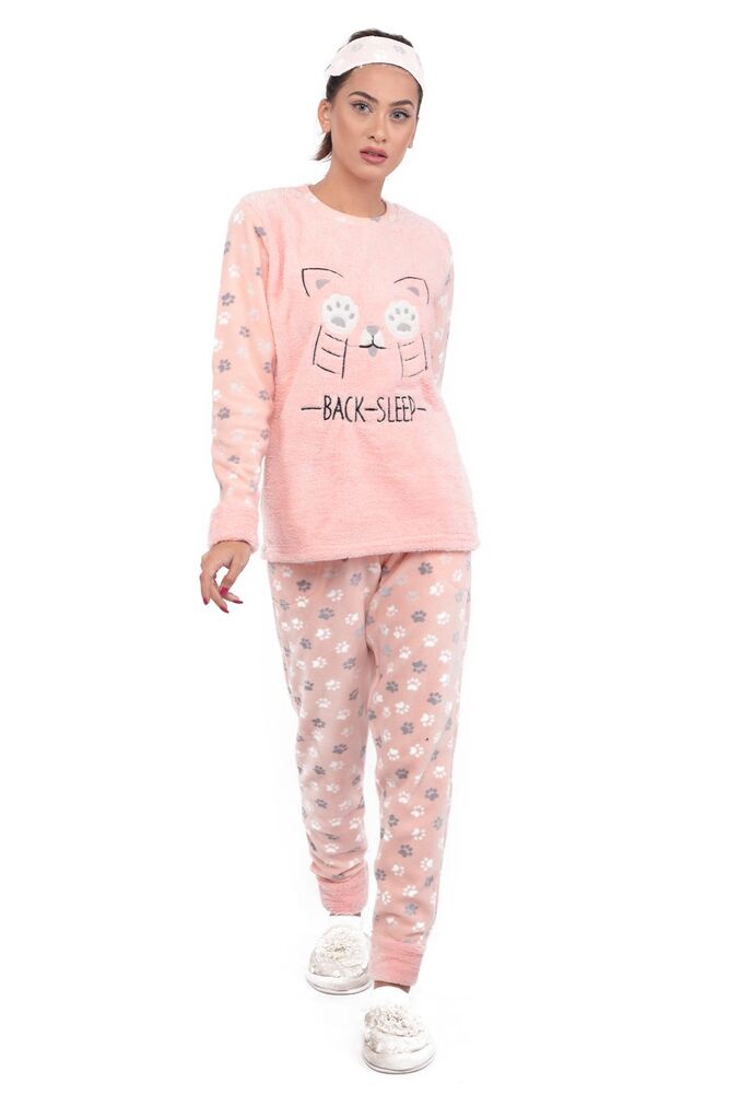Kedi Baskılı Kadın Polar Pijama Takımı | Somon