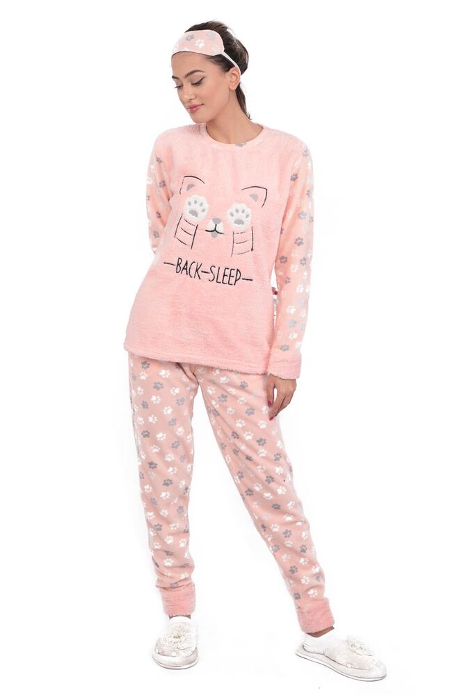 Kedi Baskılı Kadın Polar Pijama Takımı | Somon