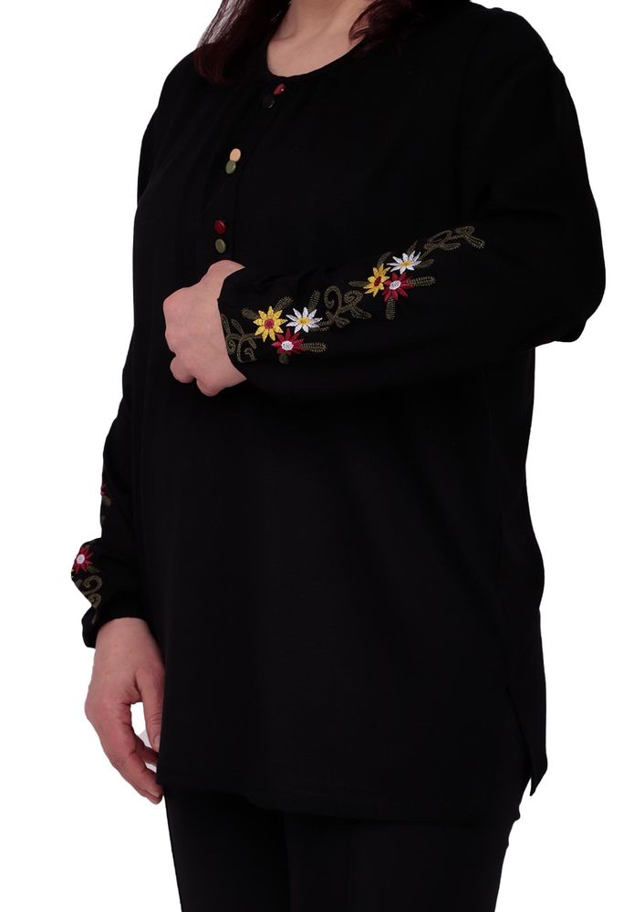 Uzun Kollu Kolları Çiçekli Bluz 2829 | Siyah
