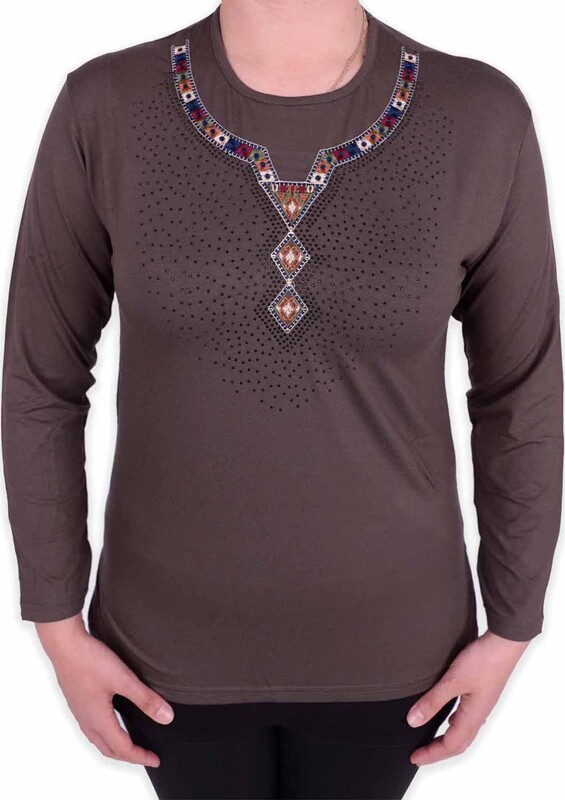 Блузка с этническим принтом и камнями |хаки - Thumbnail