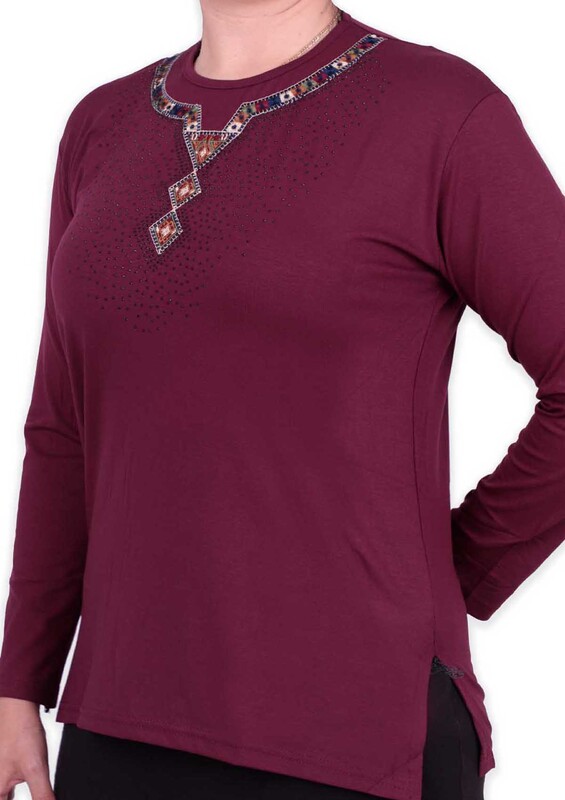 Блузка с этническим принтом и камнями | фиолетовый - Thumbnail