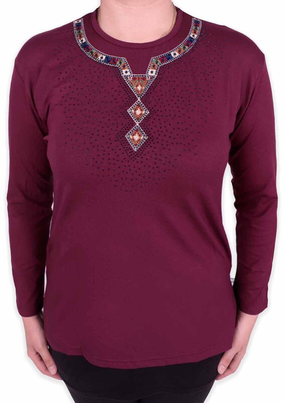 Блузка с этническим принтом и камнями | фиолетовый - Thumbnail