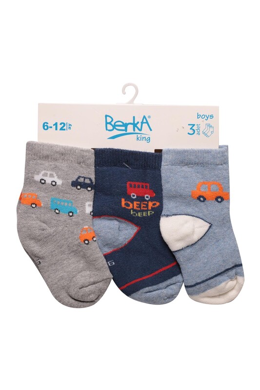 BERKA SOCKS - Araba Baskılı Erkek Bebek 3lü Çorap | Mavi