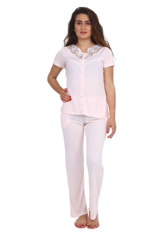 Berrak Güpür Yakalı Düğmeli Kısa Kollu Pijama Takımı 450 | Std