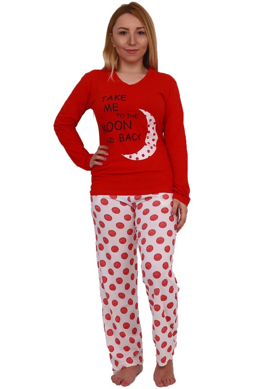 FAWN - Boru Paçalı Puantyeli Pijama Takımı 10029 | Kırmızı