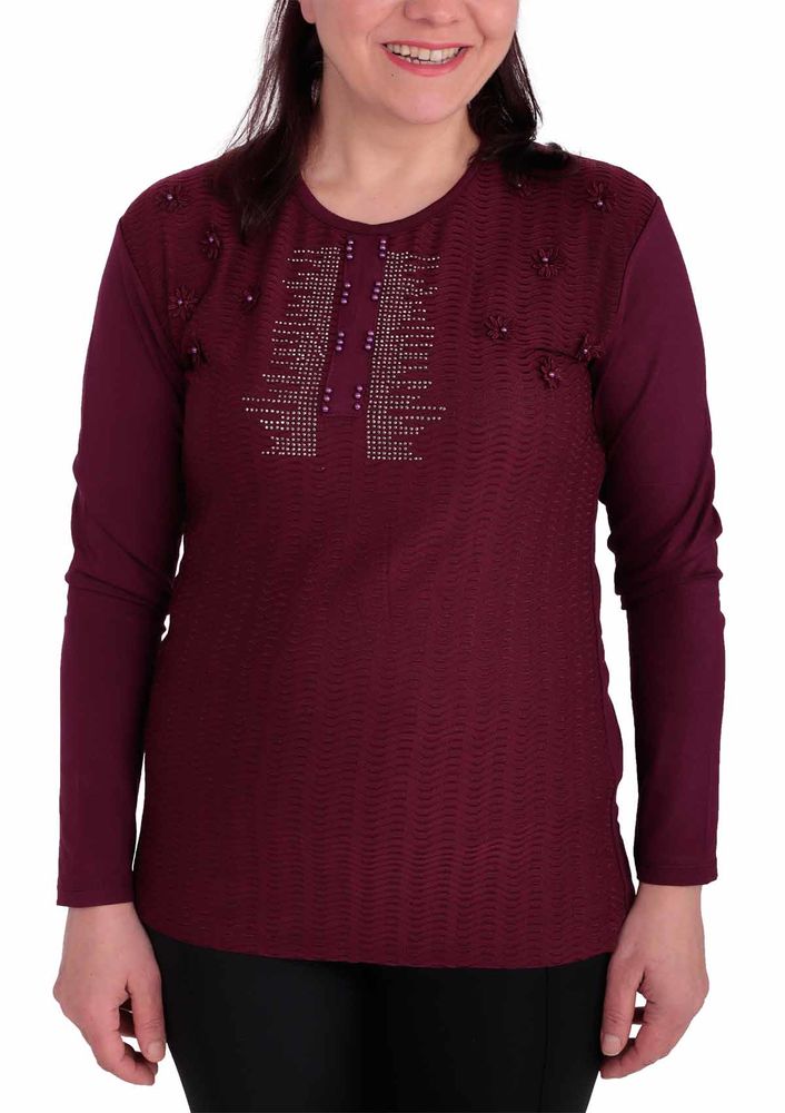 Yuvarlak Yakalı Yakası Çiçek ve Taşlı Bluz 021 | Mürdüm