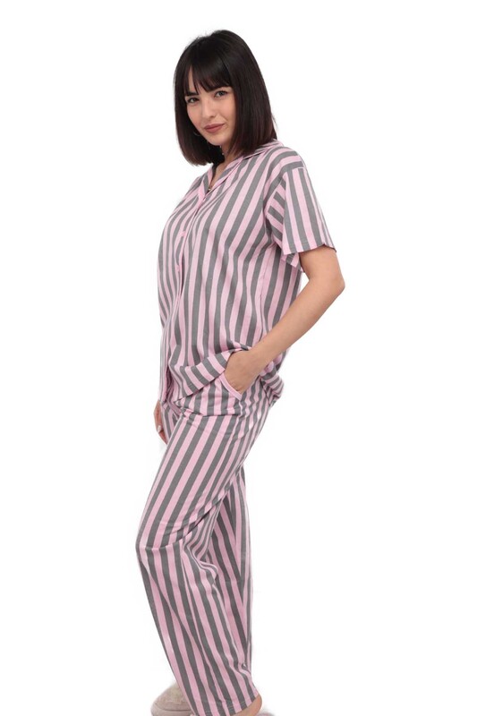 Пижамный комплект Işılay с короткими рукавами на пуговицах | розовый - Thumbnail