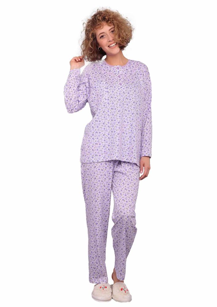 İtan Çiçek Desenli Düğme Detaylı Mor Pijama Takımı 494 | Lila