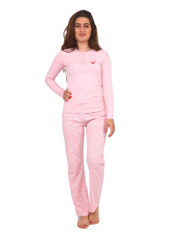 LADY SHINE - Lady Shine Gül Desenli Düğme Detaylı Pudra Pijama Takımı 295 | Pembe