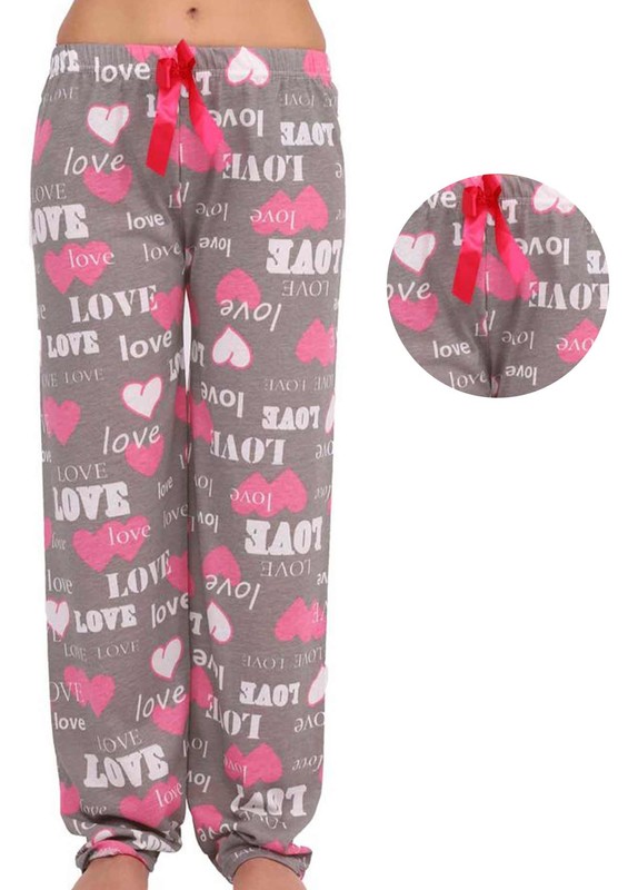 LİNDROS - Boru Paçalı Kalpli Love Yazılı Pijama Altı 2113 | Gri