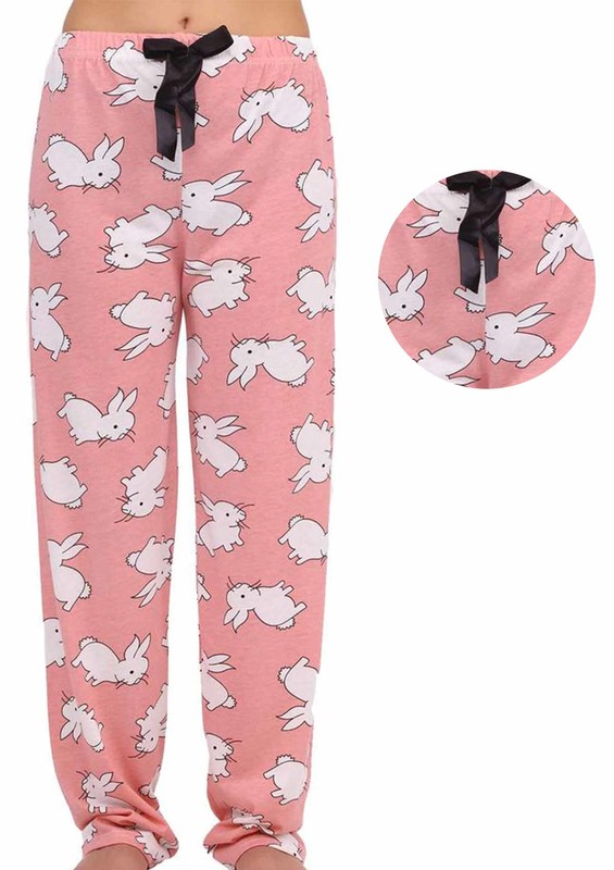 LİNDROS - Boru Paçalı Tavşan Desenli Lastikli Pijama Altı 2115 | Pudra