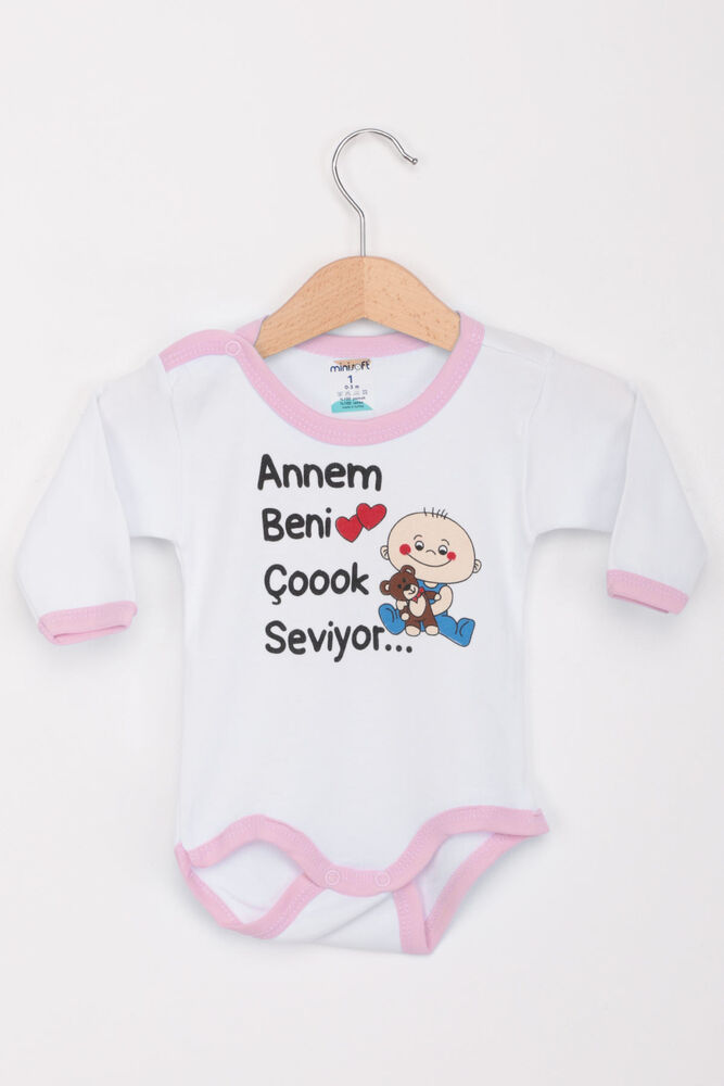 Annem Beni Çok Seviyor Uzun Kollu Zıbın | Beyaz Pembe
