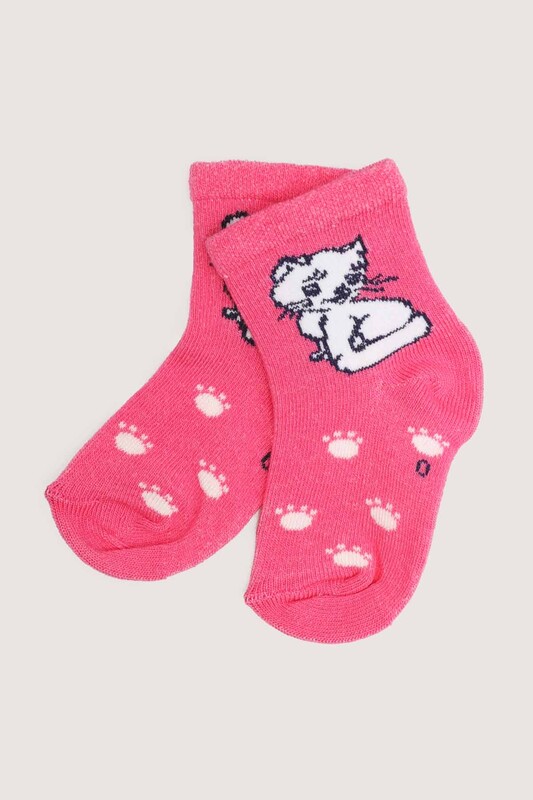 ÖZMEN - Kedi Baskılı Kız Bebek Çorap | Fuşya