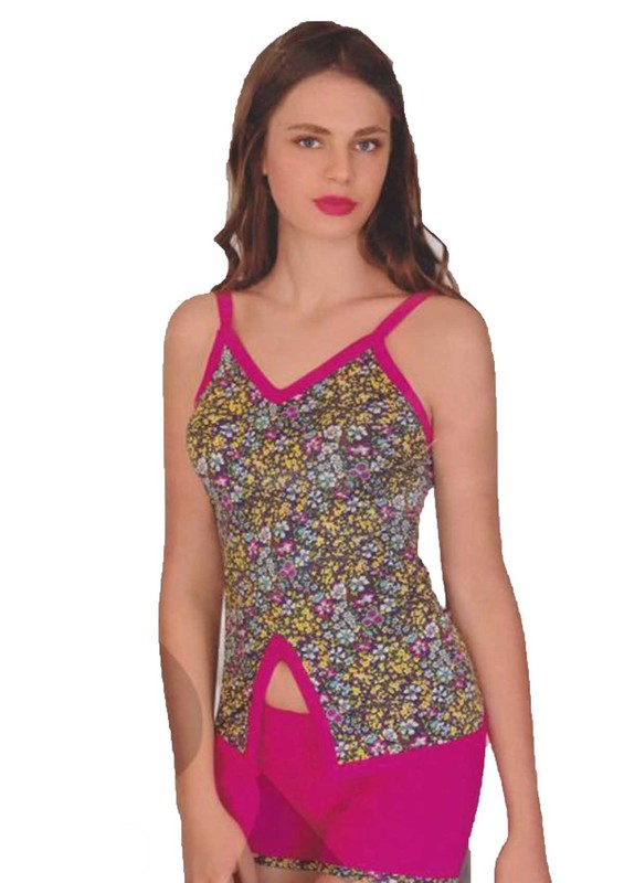 POLKAN - Polkan Askılı Desenli Önü Yırtmaçlı Şortlu Pijama Takımı 3841 | Pembe