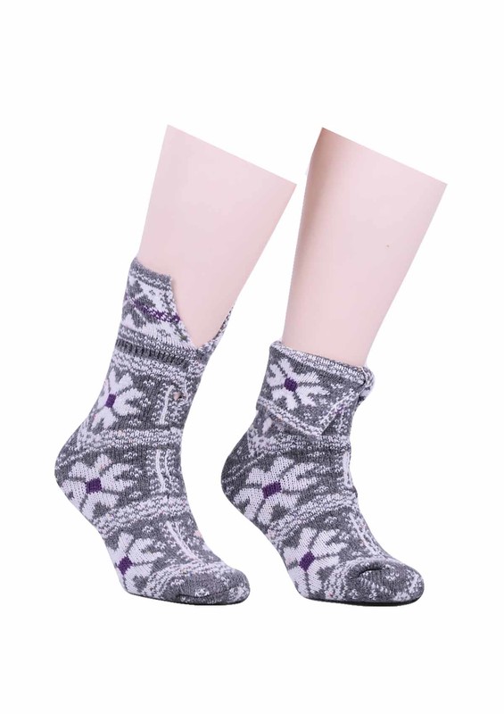 Шерстяные носки в цветочек 526/серый - Thumbnail