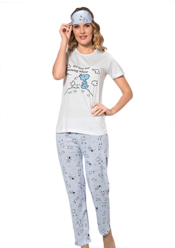 SİMİSSO - Lila Çizgi Karakter Desenli Uyku Gözlüklü Pijama Takımı 2028 | Krem