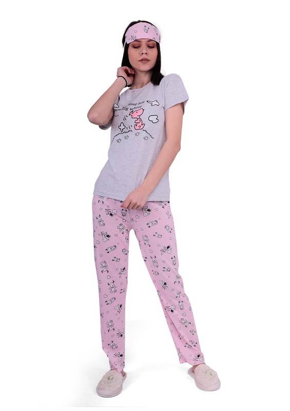 SİMİSSO - Lila Çizgi Karakter Desenli Uyku Gözlüklü Pijama Takımı 2028 | Gri