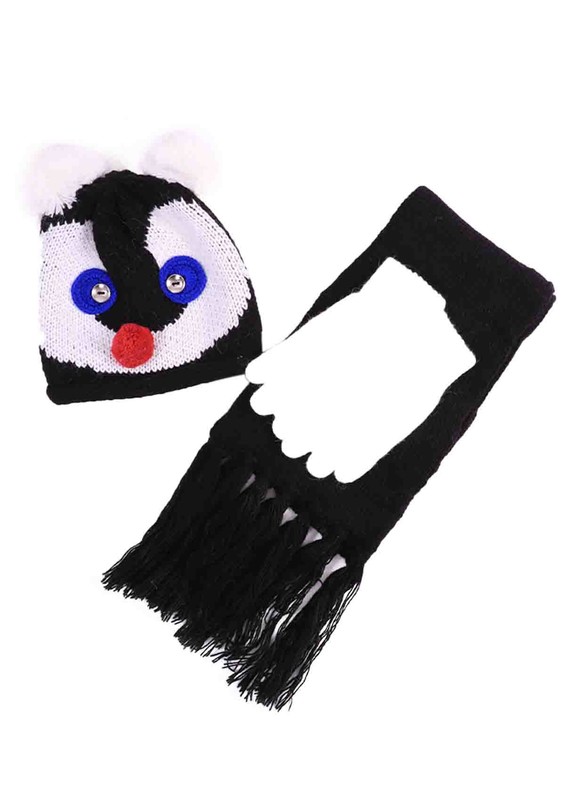 SİMİSSO - Simisso Desenli Ponpon Kulaklı Bere Takımı 1005 | Siyah
