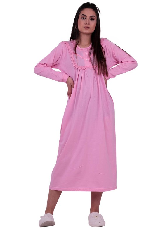 Кружевная ночная сорочка с длинными рукавами 3004 | розовый - Thumbnail