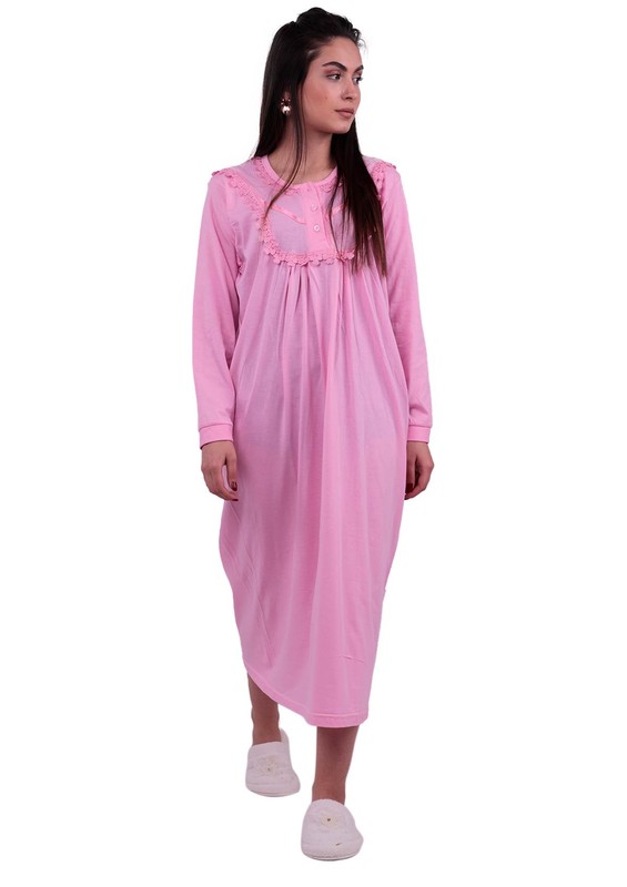 Кружевная ночная сорочка с длинными рукавами 3004 | розовый - Thumbnail