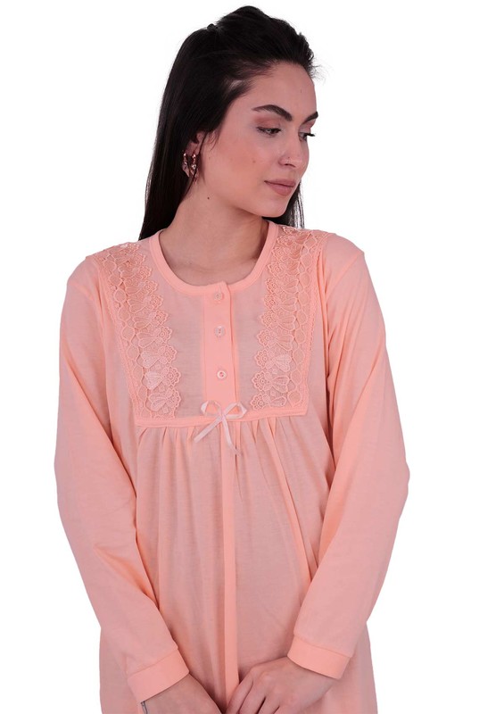 Кружевная ночная сорочка с длинными рукавами 3005 | светло-розовый - Thumbnail