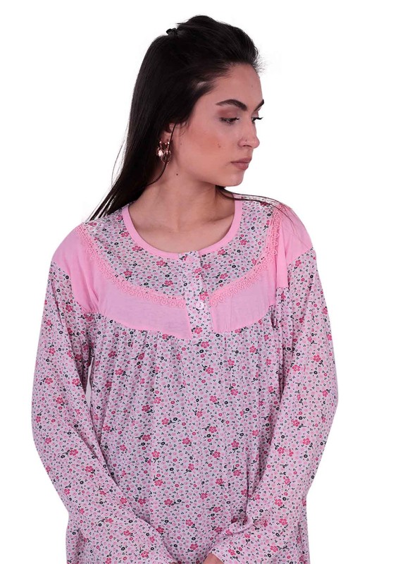 Кружевная ночная сорочка с длинными рукавами 3006 | розовый - Thumbnail