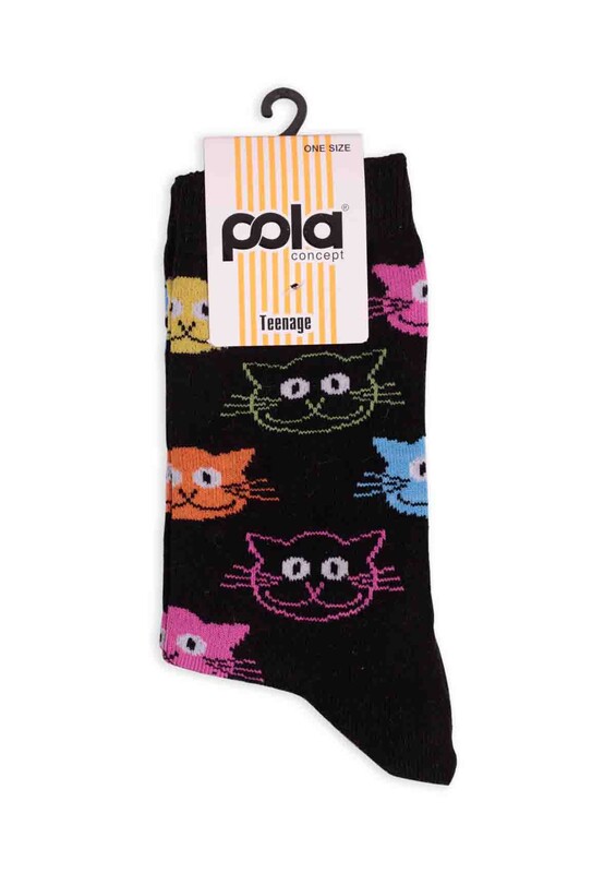 SİMİSSO - Pola Teenage Kedi Desenli Kadın Soket Çorap | Siyah