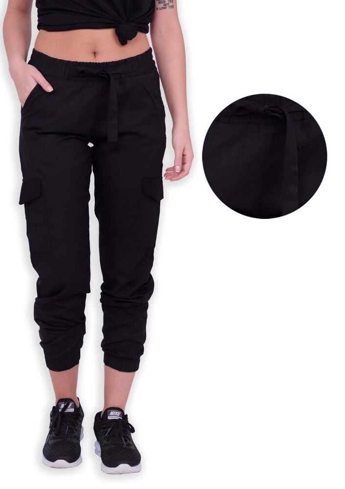 Брюки- карго с накладными карманами и резинкой на талии/чёрный