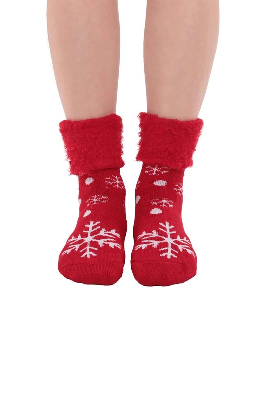 SİMİSSO - Kar Tanesi Desenli Kadın Bot Çorap | Kırmızı