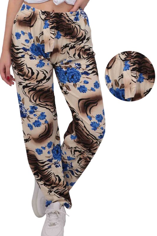 Женские брюки-трубы из вискозы с принтом розы | кремовый - Thumbnail