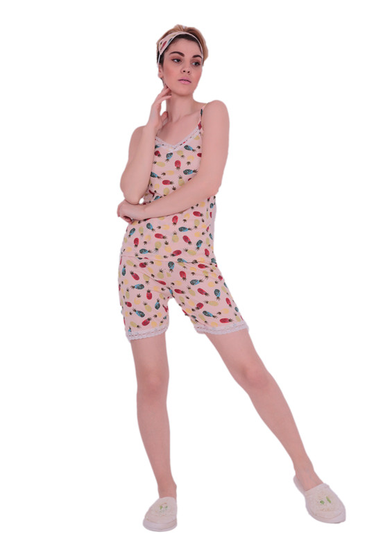 Комплект пижамы SNC с лямками и гипюровой отделкой 6041/бежевый - Thumbnail