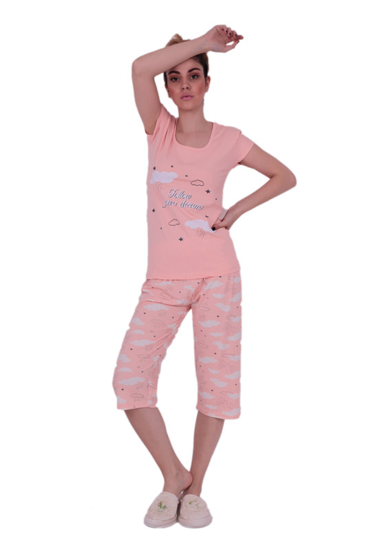 Комплект пижамы SUDE с короткими рукавами с принтом облака 2739/пудровый - Thumbnail