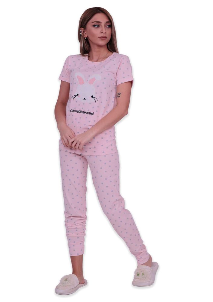 Пижамный комплект с короткими рукавами в горошек с кроликом | розовый
