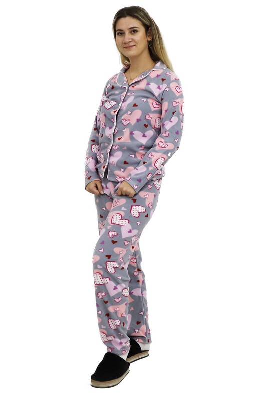 SUDE - Kalp Desenli Polar Kadın Pijama Takımı 9055 | Gri