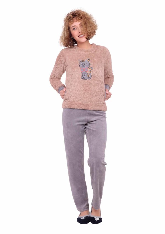 Комплект пижамы WESHA из флиса с рисунком кошки и карманами 004/коричневый - Thumbnail