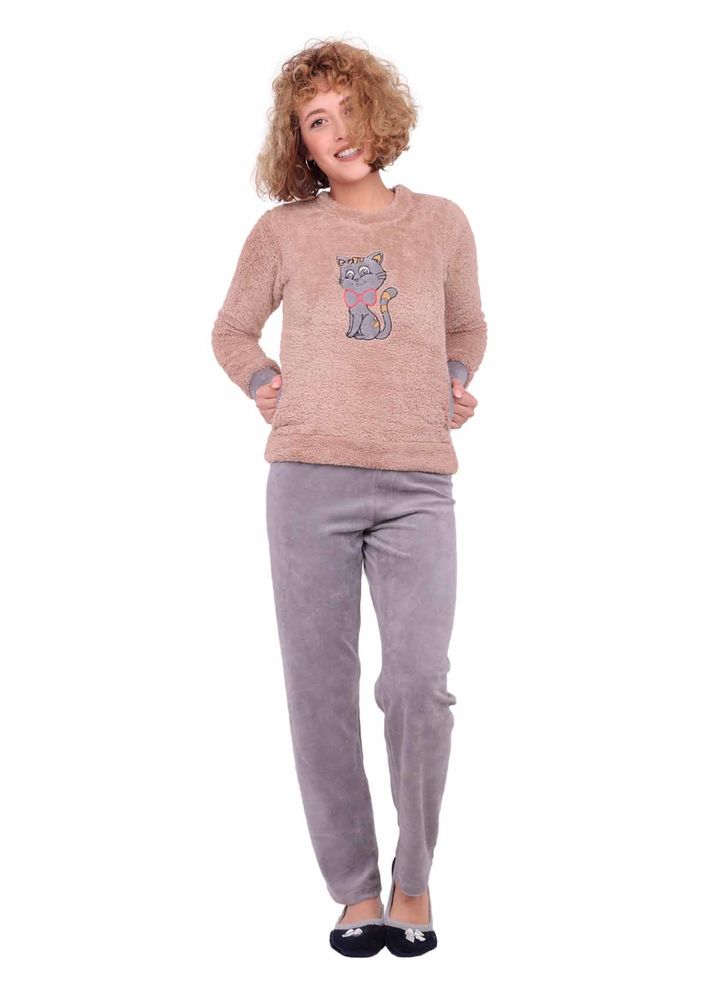 Комплект пижамы WESHA из флиса с рисунком кошки и карманами 004/коричневый