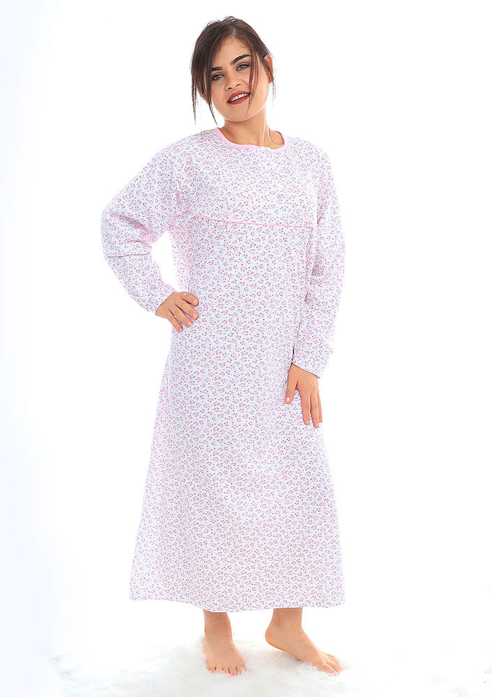Yaşar Yuvarlak Yakalı Uzun Desenli Gecelik 401 | Pembe