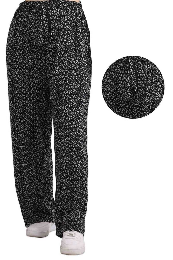 Женские брюки из вискозы с принтом цветов и широкими штанинами| чёрный