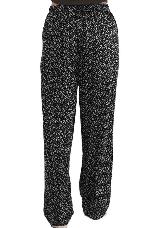 Женские брюки из вискозы с принтом цветов и широкими штанинами| чёрный - Thumbnail