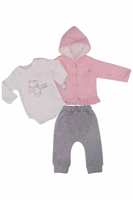Teddy Bear Embroidered 3-Piece Baby Set 2204 | Pink - Thumbnail