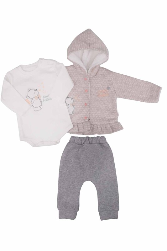 Teddy Bear Embroidered 3-Piece Baby Set 2204 | Beige - Thumbnail