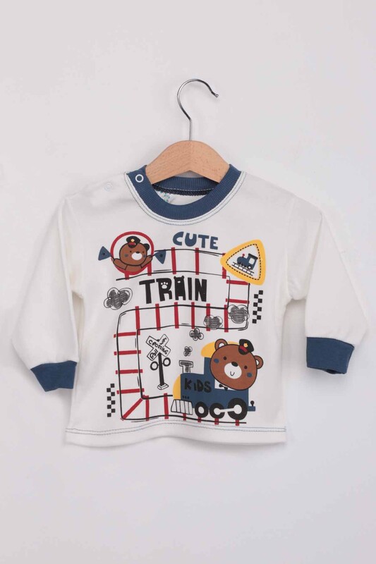 BİLKON - Tren Baskılı Erkek Çocuk Pijama Takımı | Ekru İndigo