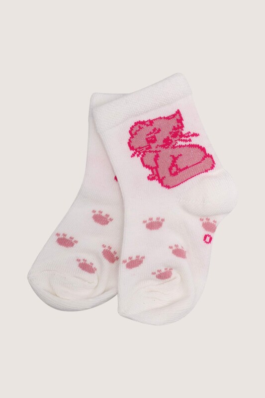 ÖZMEN - Kedi Baskılı Kız Bebek Çorap | Beyaz
