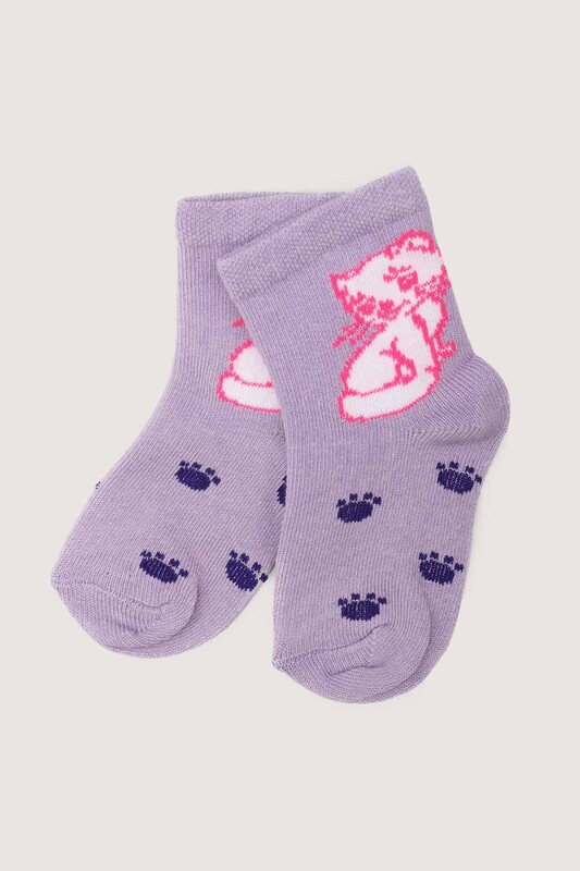 ÖZMEN - Kedi Baskılı Kız Bebek Çorap | Lila