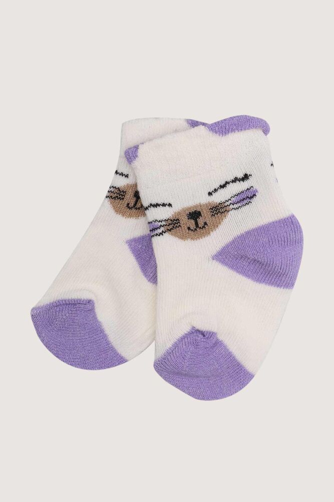 Kedicik Baskılı Kız Bebek Çorap | Beyaz